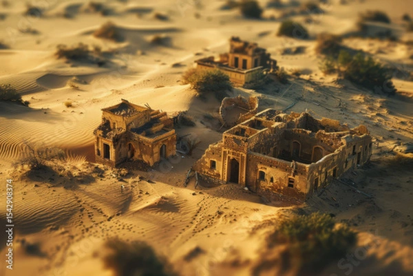 Fototapeta An abandoned, sand-colored village is being swallowed by encroaching desert dunes under a warm sun. The tilt-shift effect makes the decaying mud-brick buildings look like a miniature model, highlighti