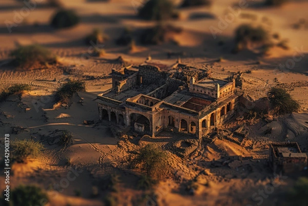 Fototapeta An abandoned, sand-colored village is being swallowed by encroaching desert dunes under a warm sun. The tilt-shift effect makes the decaying mud-brick buildings look like a miniature model, highlighti