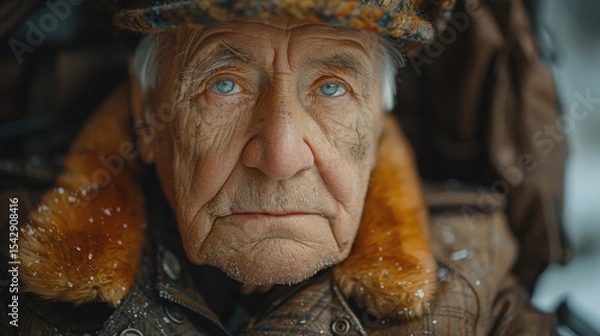 Fototapeta A poignant, extreme close-up portrait of an elderly war survivor with piercing blue eyes and a weathered face, wearing a winter cap and coat