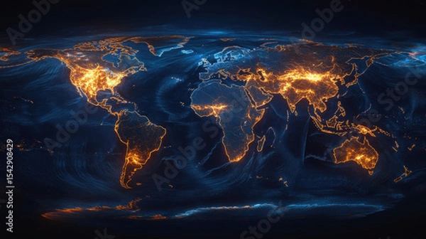 Fototapeta A glowing world map with fiery orange continents set against a dark, cosmic background. The image visualizes global connectivity, energy, or data flow with a powerful, futuristic aesthetic