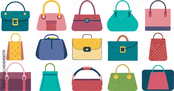 Obraz A vibrant collection featuring diverse women's fashion handbags in multiple styles and colors, perfect for every stylish occasion.
