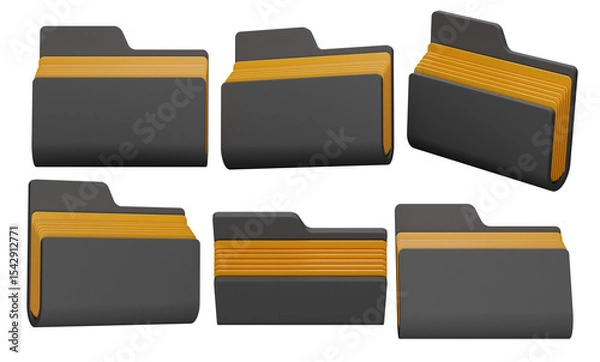 Fototapeta Grey Folder Icons Displayed in Multiple Angles with Organized Files on Transparent Background 3D Render Illustration