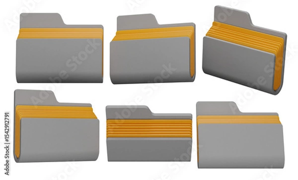 Fototapeta Light Grey Folder Set Featuring Orange File Layers from Different Perspectives on Transparent Background 3D Render Illustration