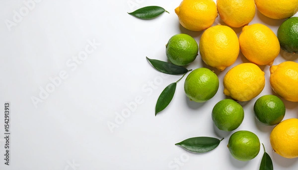 Fototapeta Fresh Lemons and Limes with Green Leaves on White Background – Citrus Flat Lay

