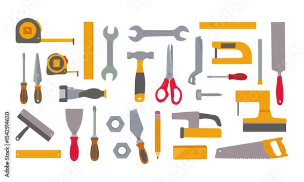 Fototapeta Assortment of Construction, Carpentry, and Repair Tools. A comprehensive flat lay of various construction and repair tools.