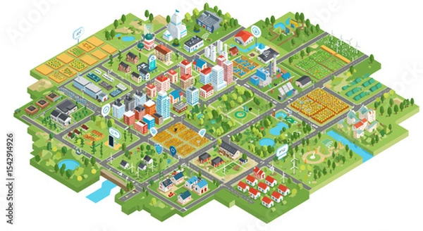 Fototapeta Isometric smart city design with sustainable energy and green spaces vector illustration