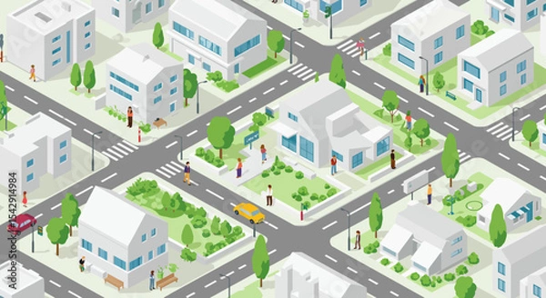 Fototapeta Urban neighborhood scene with streets and buildings for design and planning vector illustration
