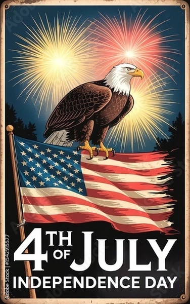 Fototapeta bald eagle vector design with american flag background with 4th of july independence day writing