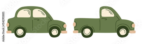 Obraz Set of two vintage green farmers vehicles, compact car, pickup truck. Hand-drawn retro automobile vector illustration in cute flat style. Perfect for travel, countryside, and nostalgic designs.