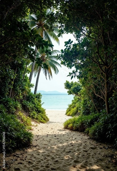 Fototapeta Sandy Path to Tropical Beach with Palm Trees and Turquoise Ocean View