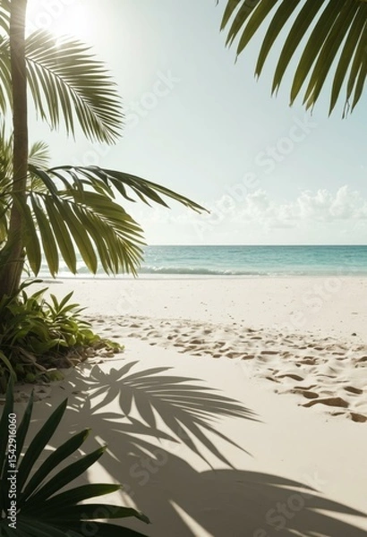 Fototapeta Low Angle View of Palm Framed Beach with Golden Sunlight and Turquoise Sea