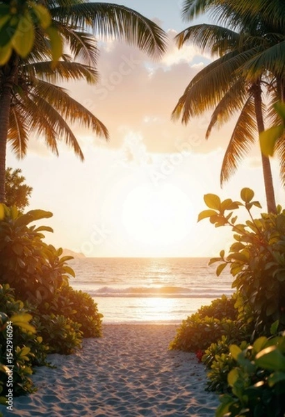 Fototapeta Sunset Path to Beach Framed by Palm Trees and Vibrant Tropical Foliage