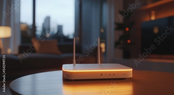 Fototapeta Wireless Wi-Fi Router Placed on Table Providing Internet Connectivity Indoors