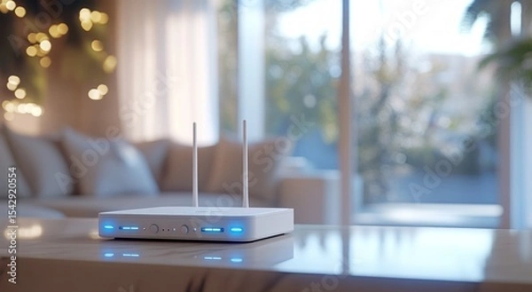 Fototapeta Home Internet Wi-Fi Router on Table. Wireless Connection for Nearby Devices