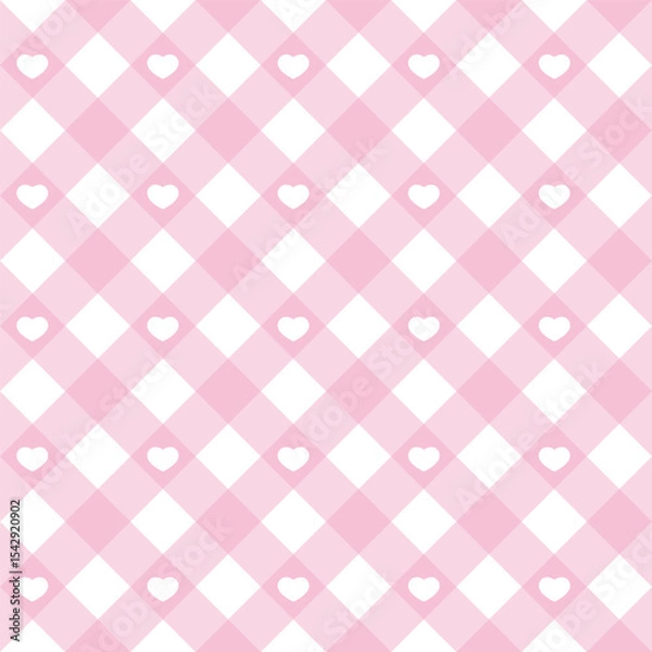 Obraz Gingham heart diagonal seamless pattern in pastel pink color. Vichy plaid design for Easter holiday textile decorative. Vector checkered pattern for fabric picnic blanket, tablecloth, dress, napkin.