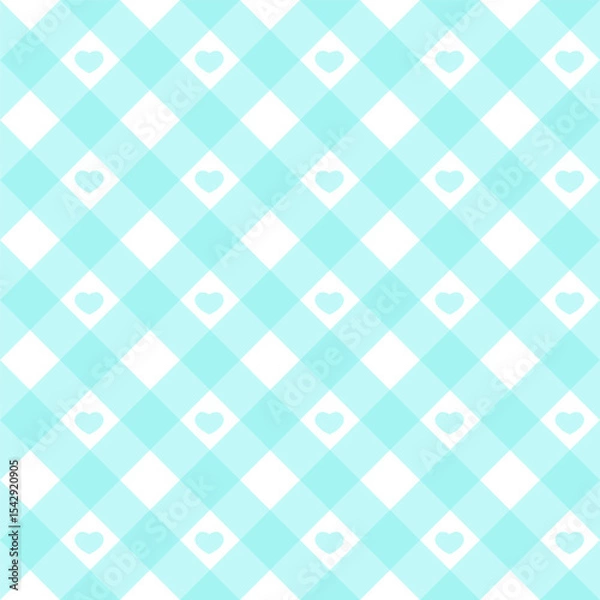 Obraz Gingham heart diagonal seamless pattern in blue pastel color. Vichy plaid design for Easter holiday textile decorative. Vector checkered pattern for fabric picnic blanket, tablecloth, dress, napkin.