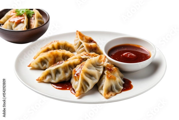 Obraz Pan fried gyoza dumplings with sauce dipping ideas