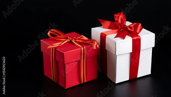 Fototapeta Red and White Gift Boxes with Red Ribbon Bows on Black Background