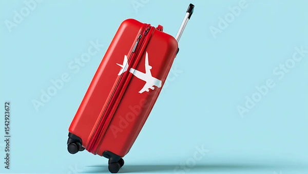 Fototapeta Red Suitcase with Airplane Icon on Light Blue Background