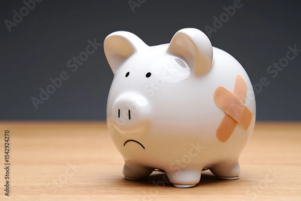 Fototapeta Sad Piggy Bank with Bandage: Concept of Financial Trouble and Debt
