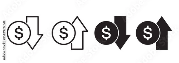 Obraz Dollar increase and decrease vector icons. Cost reduce increases and decreases icon set. profit and lose money vector icons.