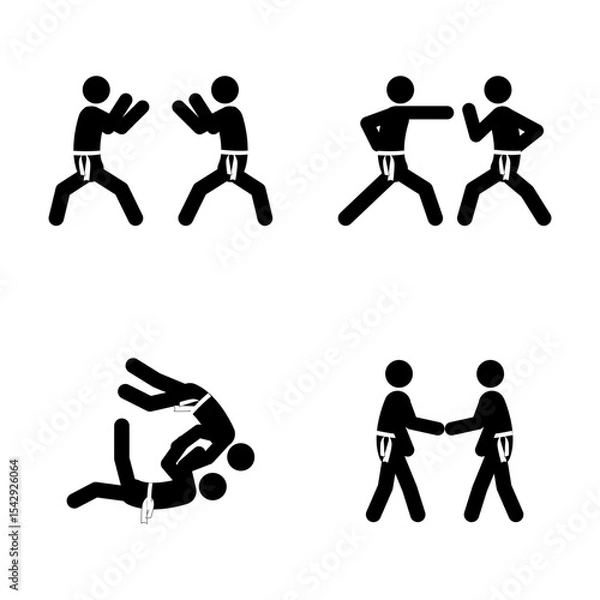 Obraz Set of stick figures, karate martial art, black silhouettes on white background, flat vector illustration.