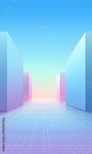 Fototapeta light blue and white color blocks with 3D rectangular grid elements, minimalist style, high resolution, symmetrical composition, front view, soft lighting, and a sense of space. 