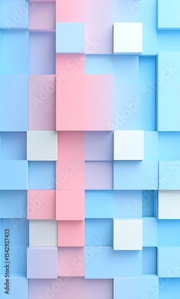 Fototapeta light blue and white color blocks with 3D rectangular grid elements, minimalist style, high resolution, symmetrical composition, front view, soft lighting, and a sense of space. 