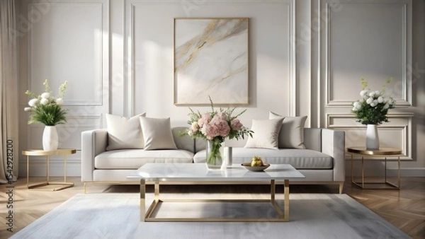 Fototapeta Living room with white sofa marble table and floral arrangements art piece
