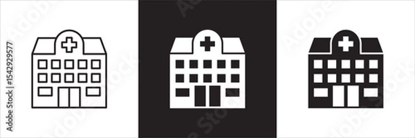 Fototapeta Hospital icon. Healthcare icon. Icon symbol of clinic, health center, hospital building, red cross, medication place. Vector illustration. Thin line and flat solid design.