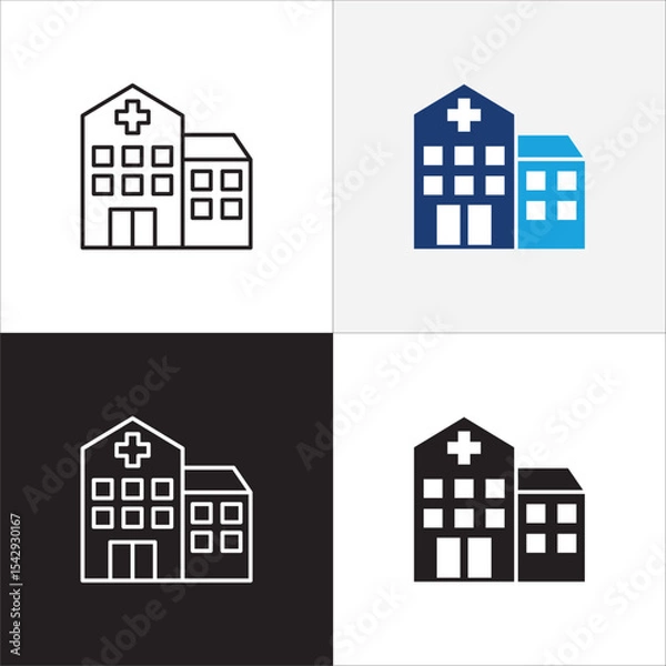 Fototapeta Healthcare icon. Hospital icon. Icon symbol of clinic, health center, hospital building, red cross, medication place. Vector illustration. Thin line and flat solid design.