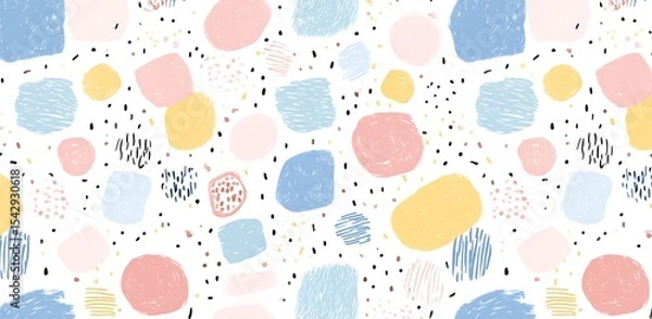 Fototapeta Soft pastel blue, pink, and yellow simple shapes form a pattern on a white background with small hand-drawn doodles.