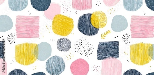 Fototapeta Soft pastel blue, pink, and yellow simple shapes form a pattern on a white background with small hand-drawn doodles.