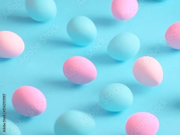 Fototapeta Tiny cute isometric easter eggs covering whole, eggs are blue, pink and turquoise in color, soft smooth lighting, with soft neon colors, 3d icon clay render
