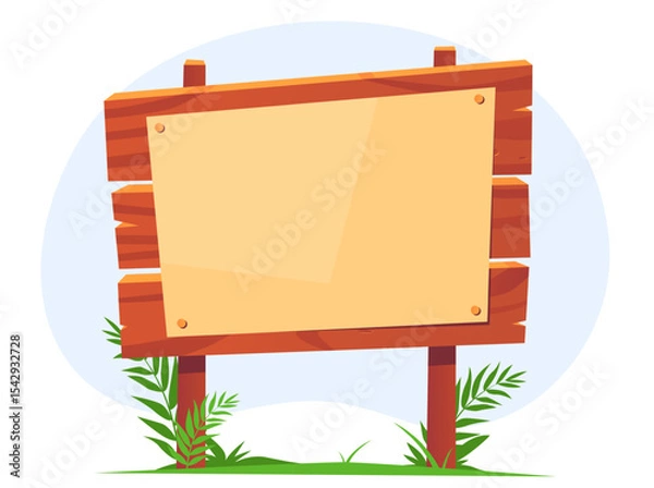Obraz Wooden bulletin board with clear yellow paper. Outdoor signboard. Empty page attached at wood signage. Road timber pointer. Hardwood guidepost. Game panel. Vector old street banner frame