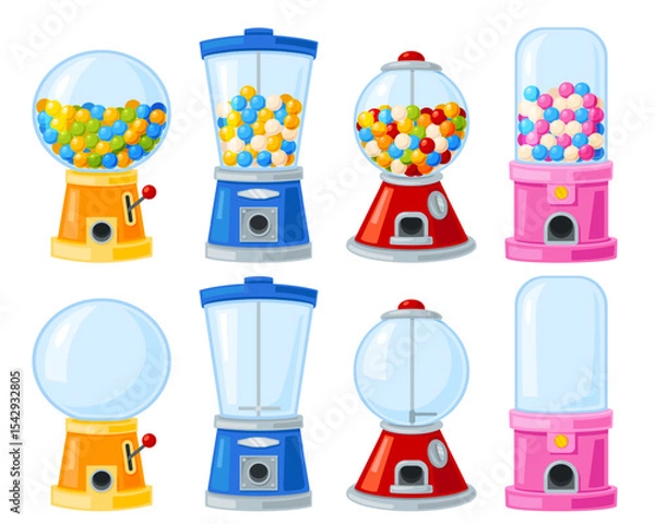 Obraz Vending machines. Dispensers empty and with colorful chewing gums. Food selling slot equipment. Gashapon balls. Caramel sweets distributor. Bubble dispense. Gacha containers vector set
