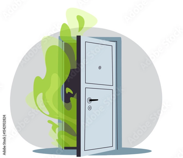 Obraz Unpleasant odor coming from door. Strong stench in apartment. Bad aroma. Smelly vapor. Toxic green air gas. Stinky house doorframe. Neighbors fetor. Rotting nasty smell. Vector concept