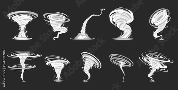 Obraz Tornado effect. Air hurricane. Wind vortex on dark background. Climate phenomenon. Dangerous storm with twisted funnels. Natural disasters. Atmosphere windstorm. Vector whirlwinds set