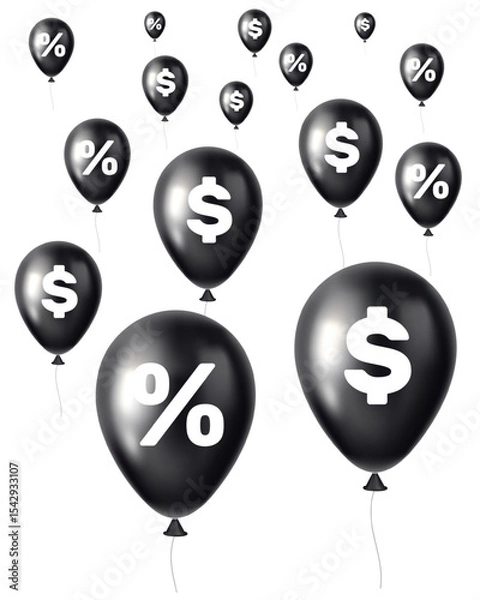 Obraz Inflation percent signs. Crisis or rising interest rates. Black inflatable balloons with dollar icons. 3D inflated balls fly. Economy recession. Money costs decrease. Vector concept