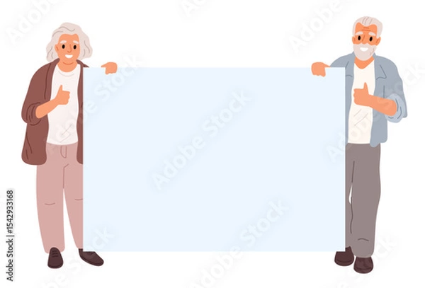 Obraz Elderly man and woman hold blank banner in hand for text. Senior couple standing with placard. Activists showing rectangular billboard. Grandparents presenting poster. Vector background