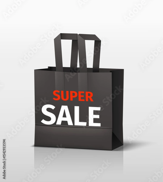 Obraz Black paper shopping bag with super sale inscription. Store promotion. Special offer. Shopper handbag with shadow. Cardboard sack for purchase. Promo marketing. Vector 3D discount object
