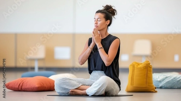 Fototapeta Yoga instructor calmly demonstrates pranayama, focusing on breath control and mindfulness in a tranquil studio filled with colorful cushions and mats during a wellness session
