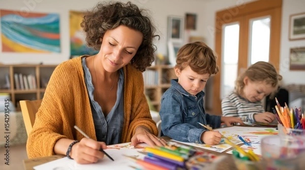 Fototapeta During a family art therapy session, a therapist guides parents and children in creative activities while seated at a table filled with art supplies, fostering connection and expression