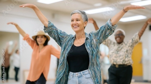Fototapeta A certified dancemovement therapist leads a vibrant dance session, encouraging participants to express themselves through movement in a bright studio setting during an afternoon workshop