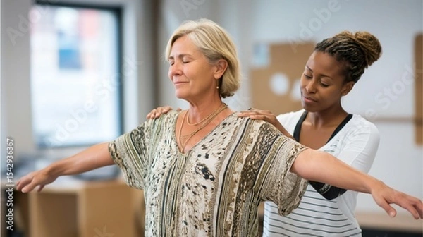 Fototapeta An adult woman engages in a therapeutic practice while receiving support from a facilitator. The session takes place in a serene indoor space designed for emotional healing