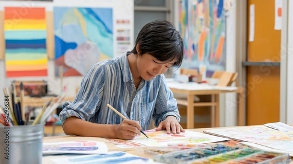 Fototapeta In a colorful studio, a young person focuses intently on creating artwork, using a paintbrush to express emotions during a therapeutic art session aimed at alleviating depression