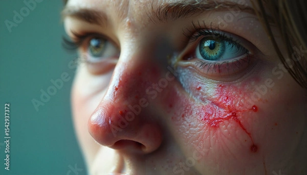 Fototapeta Woman with facial injuries and emotional expression in close-up view  