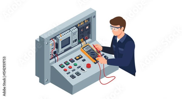 Fototapeta Electrician measuring voltage on control panel with multimeter for safety maintenance vector illustration isometric
