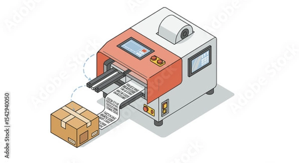 Obraz Automated shipping label printer with cardboard box for efficient warehouse management vector illustration isometric