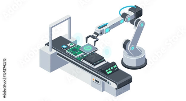Fototapeta Futuristic robotics and automation in electronic assembly line design vector illustration